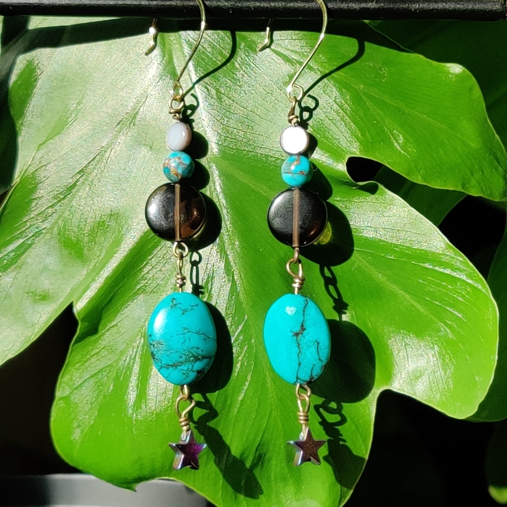 Starseed Earrings handmade with Smokey Quartz, Magnesite, & Hematite Star 💫